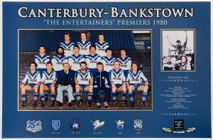 CANTERBURY-BANKSTOWN: mounted display featuring large colour team photo of the 1980 Premiers known as "The Entertainers", with smaller inset SIGNED PHOTO of captain George Peponis, held aloft following the Grand Final win, limited edition numbered #24 of 75; overall 50x77cm, with CofA.