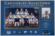 CANTERBURY-BANKSTOWN: mounted display featuring large colour team photo of the 1980 Premiers known as "The Entertainers", with smaller inset SIGNED PHOTO of captain George Peponis, held aloft following the Grand Final win, limited edition numbered #24 of