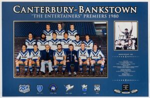 CANTERBURY-BANKSTOWN: mounted display featuring large colour team photo of the 1980 Premiers known as "The Entertainers", with smaller inset SIGNED PHOTO of captain George Peponis, held aloft following the Grand Final win, from a limited edition of 75; overall 50x77cm, with CofA.