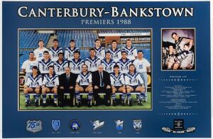 CANTERBURY-BANKSTOWN: mounted display featuring large colour team photo of the 1988 Premiers, plus smaller inset SIGNED PHOTO of captain Peter Tunks, held aloft following the Grand Final win, limited edition numbered #18 of 75; overall 50x77cm, with CofA.