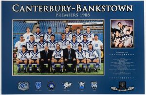 CANTERBURY-BANKSTOWN: mounted display featuring large colour team photo of the 1988 Premiers, plus smaller inset SIGNED PHOTO of captain Peter Tunks, held aloft following the Grand Final win, limited edition numbered #18 of 75; overall 50x77cm, with CofA.