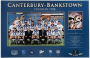 CANTERBURY-BANKSTOWN: mounted display featuring large colour&nbsp;team photo of the 1988 Premiers, plus smaller inset SIGNED PHOTO of captain Peter Tunks, held aloft following the Grand Final win, limited edition numbered #18 of 75; overall 50x77cm, with CofA.