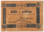 1908 TOMMY BURNS v JACK JOHNSON: £10 'D10' Ringside Ticket (8.5x12cm) for the greatest ever boxing match held in Australia, a heavyweight world title fight between Tommy Burns & Jack Johnson, held at Rushcutters Bay Stadium on Boxing Day, Dec 26th, 1908. - 2