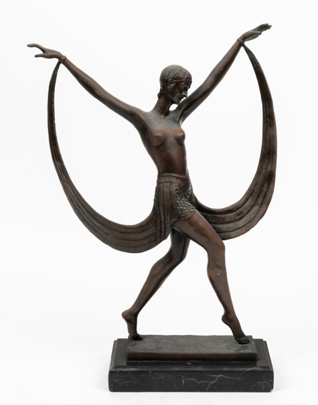 An Art Deco spelter statue of a dancing female on black slate base, circa 1935, 38cm high