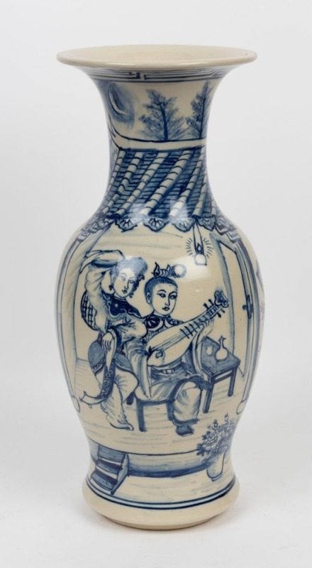 A Chinese blue and white export ware porcelain mantel vase, hand-painted with female musical figures and initialed "T. D.", 44cm high