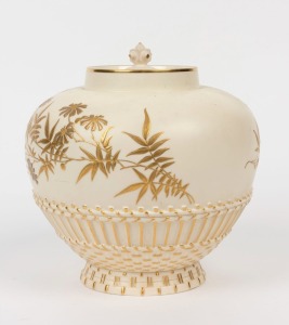 ROYAL WORCESTER antique English porcelain lidded mantel vase with gilt floral decoration, 19th/20th century, Puce factory mark to base, 21cm high, 21cm wide
