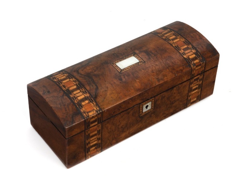 An antique English walnut glove box with dome top, 19th century, 27cm wide