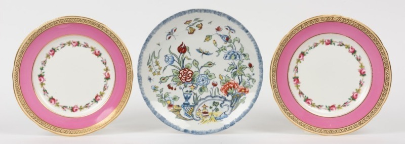 A pair of antique porcelain plates with pink borders together with a French cabinet plate in the oriental style, (3 items), ​​​​​​​the largest 24cm diameter