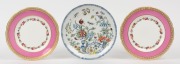 A pair of antique porcelain plates with pink borders together with a French cabinet plate in the oriental style, (3 items), ​​​​​​​the largest 24cm diameter