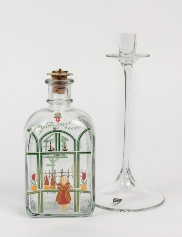 ORREFORS Swedish glass candlestick designed by NILS LANDBERG, together with a HOLMEGAARD Danish glass Christmas decanter designed by MICHAEL BANG and JETTE FRÖLICH, 20th century, (2 items), ​​​​​​​24cm and 20cm high