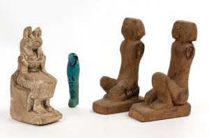EGYPTIAN shabti, ceramic statue and two carved wooden statues, age unknown. the largest 14cm high