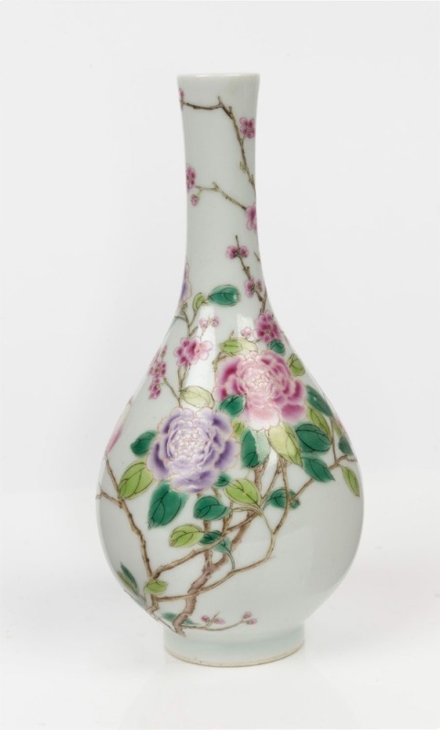 A Chinese Famille Rose porcelain vase with enamel peonies and birds, Republic Period, circa 1920s, Chien-lung seal mark to base, 19.5cm high