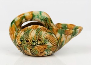 A Tang style Mandarin duck water pourer, Ming Dynasty, 16th/17th century, 9.5cm high, 16cm long