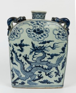 A Yuan style Chinese blue and white flask vase with phoenix decoration, 20th century, 39cm high