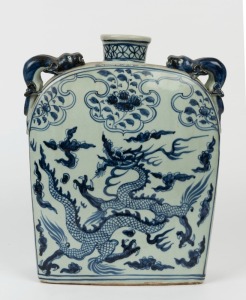 A Yuan style Chinese blue and white flask vase with phoenix decoration, 20th century, 39cm high 