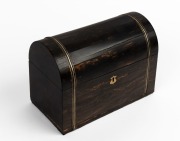 An antique English coromandel tea caddy with domed top and twin compartments, whalebone handles and remains of zinc lining, circa 1855, ​​​​​​​17cm high, 24cm wide, 13cm deep