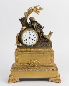 An antique French mantel clock with gilt metal figural case, Roman numerals plus 8 day time and strike movement, 19th century, ​​​​​​​40cm high
