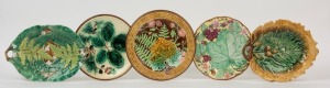 Five assorted English and French Majolica serving plates, 19th/20th century, the largest 29cm wide