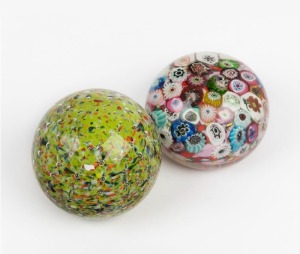 STRATHERN Scottish green glass paperweight together with a MILLEFIORI glass paperweight, 20th century, (2 items), the Strathern example 6cm high, 6.5cm diameter