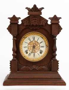 ANSONIA American walnut cased shelf clock with 8 day time and strike movement, card dial with gilt metal decoration and Roman numerals, 19th century, ​​​​​​​38cm high