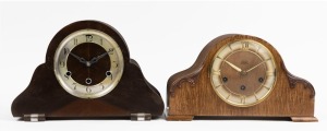 Two German "Napoleon Hat" walnut cased mantel clocks with triple train time, strike and chiming movements, mid 20th century, ​​​​​​​23cm and 21cm high