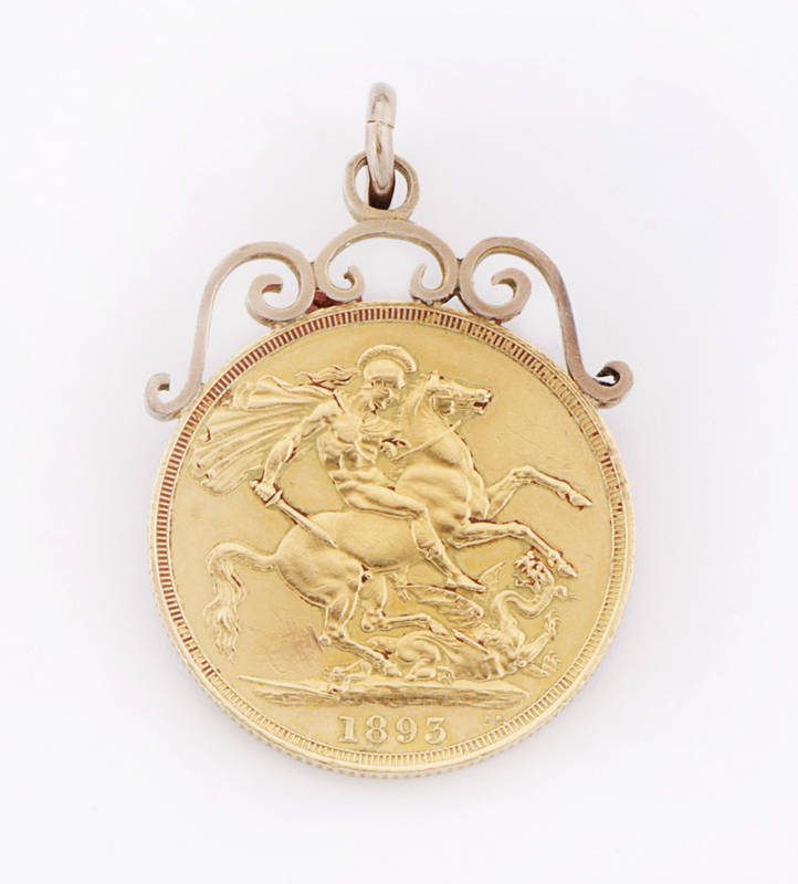 Great Britain: 1893 £2 Queen Victoria gold coin, on a 9ct? mount for a necklace.