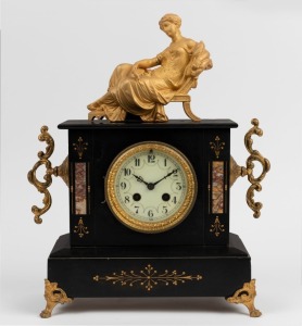 An antique French slate cased mantel clock with rouge marble panels, gilt metal mounts, figural top and time and strike movement, 19th century. Note: top and statue loose. ​​​​​​​40cm high