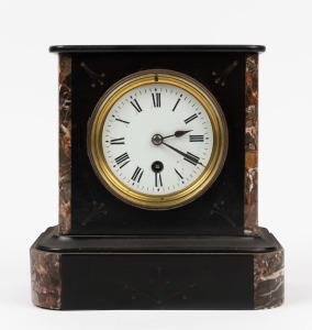 An antique French clock in black slate and marble case, timepiece movement with Roman numerals, 19th century, ​​​​​​​21cm high