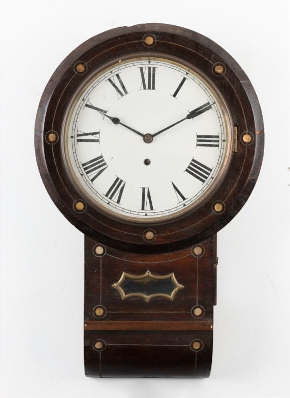 An antique drop-dial wall clock, time only movement in rosewood case with pewter and mother of pearl inlay, 19th century, ​​​​​​​70cm high,