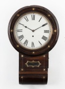 An antique drop-dial wall clock, time only movement in rosewood case with pewter and mother of pearl inlay, 19th century, ​​​​​​​70cm high,