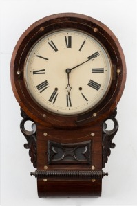 An antique drop-dial wall clock, time and strike movement in rosewood case with pewter and mother of pearl inlay, 19th century, ​​​​​​​70cm high,