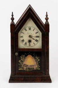 JEROME antique American steeple cased shelf clock in walnut case with time only movement and beehive decorated glass, 19th century, remains of original paper label, ​​​​​​​39cm high