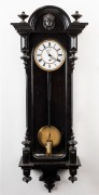 VIENNA REGULATOR antique single weight wall clock in ebonized case with enamel dial and Roman numerals, 19th century, as is condition, missing glass, movement lose and dial damaged. ​​​​​​​18cm high