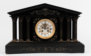 An antique French mantel clock in black slate case with bronze colonnaded decoration, time and strike movement with Brocot open escapement and Roman numerals, 19th century, ​​​​​​​an impressive 32cm high, 51cm wide