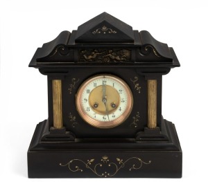 An antique French mantel clock in black slate case with bronze finished cherub panel decoration, time and strike movement with Arabic numerals, 19th century, ​​​​​​​32cm high 