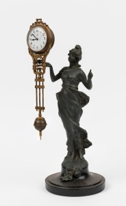 DIANA Mystery clock, cast metal statue on ebonized wooden plinth with 8 day swinging timepiece, late 20th century, ​​​​​​​34cm high