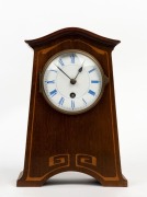 LENZKIRCH German mantel clock in a walnut and parquetry case, timepiece only with blue enamel Roman numerals, early 20th century, 26cm