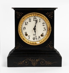 ANSONIA American mantel clock in ebonized metal case with gilt scrollwork decoration, 8 day time and strike movement with Arabic numerals, late 19th century, 26cm high