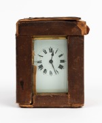 An antique French carriage clock in brass case with Roman numerals and leather travel case, 19th century, 14cm high overall - 2