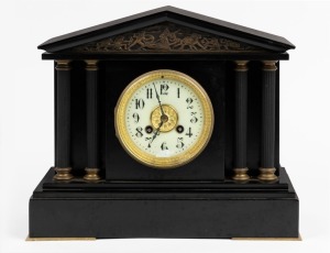 A French mantel clock in an ebonized metal palladium case with time and strike movement and Arabic numerals, 19th century, ​​​​​​​28cm high