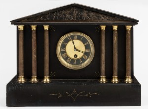 An antique French time only clock in black slate case with gilt metal dial and decoration and classical frieze, 19th century, ​​​​​​​31cm high