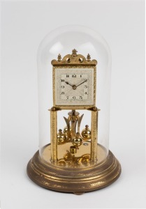 A German 400 day anniversary clock in glass dome with decorative engraved square dial, 20th century, ​​​​​​​30cm high overall