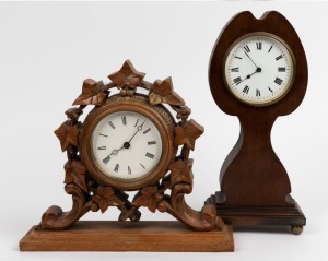 Two antique French time only clocks in timber cases, 19th/20th century, ​​​​​​​23cm and 29cm high