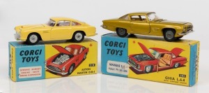 CORGI TOYS: Aston Martin D.B.4 (model #218) 1/43 scale, primrose yellow paintwork with red interior; also Ghia L.6.4 (#241) 1/44 scale, yellow-olive paintwork, yellow interior; both excellent condition, with original boxes; circa early-mid 1960s. (2)