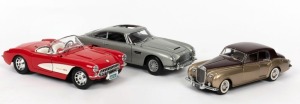 AUTOART: 1:18 Aston Martin DB5, silver livery, length 26cm; also FRANKLIN MINT 1:24 Bentley 1955  'S' model, length 22cm and BURAGO 1:18 1957 Chevrolet Corvette, length 24cm; all without boxes. (3) 