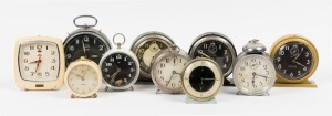 Ten assorted vintage and antique bedside alarm clocks, ​​​​​​​the largest 17cm high overall