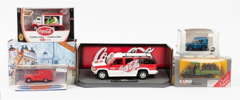 BOXED DIE CAST MODEL TRUCKS & VANS: with 1:43 CORGI Thorneycroft Truck (C883) with Taunton Cider Co livery, DINKY 1953 Austin A40 van (DY-15) for Brooke Bond tea, MATCHBOX 1948 GMC Haddon Sundblom for Coca-Cola, OXFORD DIE CAST RAC Land Rover Series 1; al