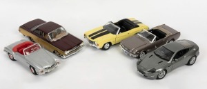 SPORTS/SALOON CAR DIE CASTS: 1:18 scale selection with BEANSTALK GROUP Aston Martin Vanquish; MIRA 1964 Ford Mustang; WELLY 1955 Mercedes-Benz 190SL; MAISTO 1962 Chevrolet Bel-Air & 1972 Chevrolet Chevelle; without boxed, generally very good condition. (5