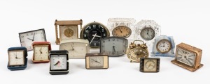 Thirteen assorted vintage table and bedside clocks including two crystal examples, 20th century, ​​​​​​​the largest 12.5cm high