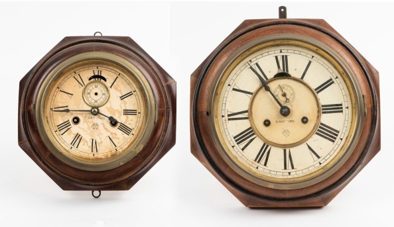 ANSONIA two antique American 8 day lever wall clocks in timber cases, 19th century, 23cm and 28cm high